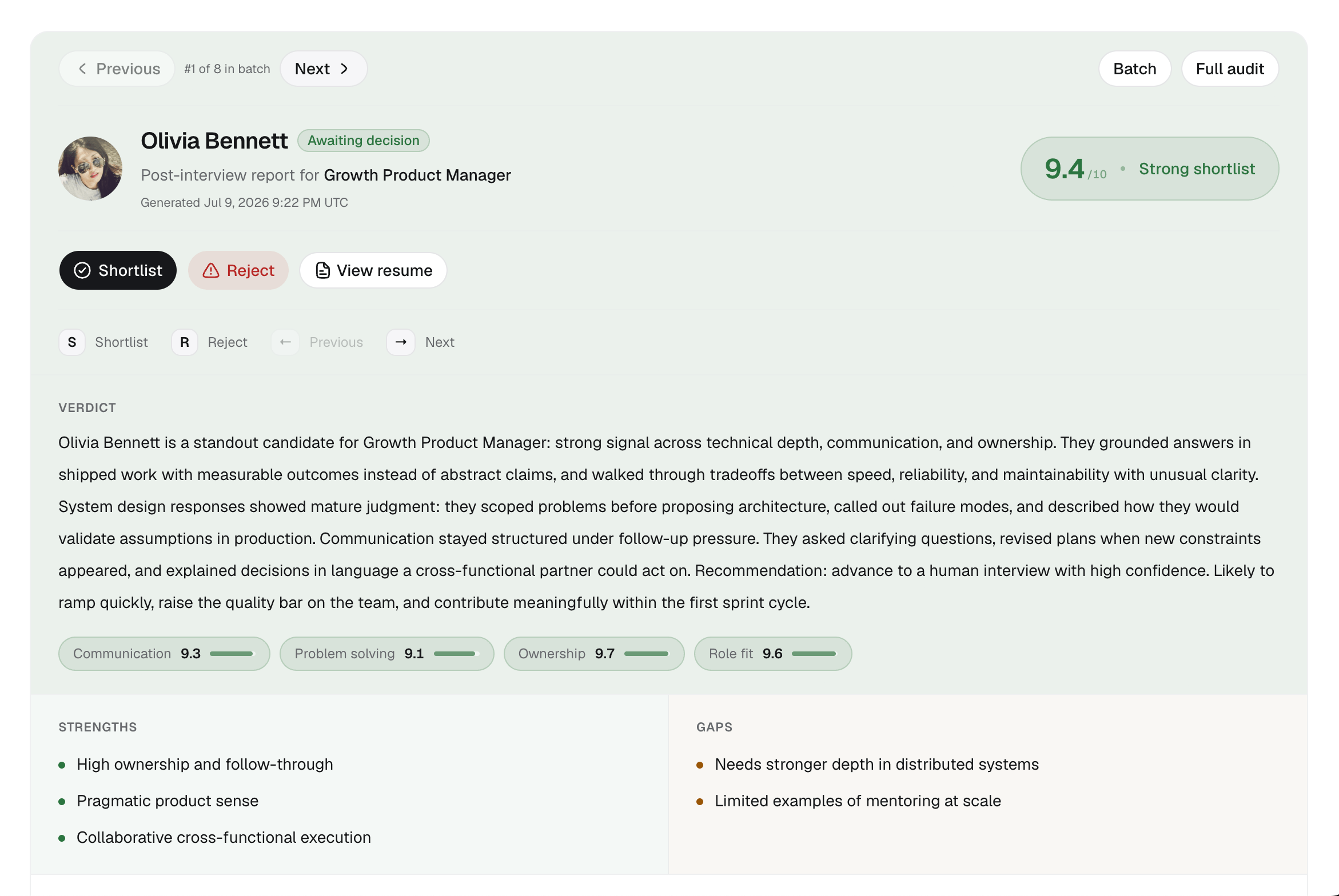 A close view of a RoundZero report with candidate verdict, strengths, concerns, and interview evidence